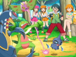 1boy 3girls aged_up alternate_universe armaldo audrey_(pokemon) battle brown_eyes brown_hair dustox gen_1_pokemon gen_3_pokemon green_hair grovyle kathryn_(pokemon) max_(pokemon) misty_(pokemon) multiple_girls nintendo orange_hair pokemoa pokemon pokemon:_destiny_deoxys pokemon_(anime) pokemon_(creature) pokemon_rse_(anime) psyduck ralts shorts siblings sisters twins