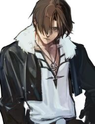 1boy black_gloves black_jacket brown_hair chain chain_necklace closed_mouth cropped_jacket final_fantasy final_fantasy_viii fur-trimmed_jacket fur_trim gloves hair_over_one_eye highres jacket jewelry leather leather_jacket long_sleeves male_focus necklace nini_tw99 pendant scar scar_on_face scar_on_forehead shirt short_hair solo squall_leonhart upper_body v-neck white_shirt