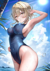 Rule 34 | 1girl, absurdres, alternate costume, arm up, armpits, blonde hair, blue one-piece swimsuit, blue sky, breasts, cloud, commentary request, competition school swimsuit, covered erect nipples, covered navel, cowboy shot, day, eitei (20041204), genshin impact, hair between eyes, highleg, highleg one-piece swimsuit, highres, large breasts, light rays, looking at viewer, lumine (genshin impact), mountainous horizon, one-piece swimsuit, outdoors, parted lips, school swimsuit, short hair with long locks, sky, solo, sun, sunlight, swimsuit, thighs, tree, water, wet, yellow eyes