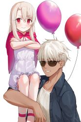 1boy 1girl absurdres archer_(fate) archer_(summer_casual)_(fate) balloon brother_and_sister carrying_over_shoulder dark-skinned_male dark_skin fate/grand_order fate_(series) half-siblings highres illyasviel_von_einzbern kaze_22 long_hair red_eyes short_hair siblings smile spiked_hair sunglasses white_hair