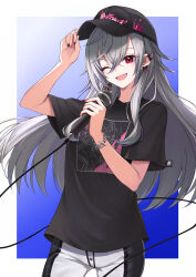 1girl ;d absurdres adjusting_clothes adjusting_headwear alternate_costume black_hat black_nails black_shirt blue_background border bracelet commentary_request crossed_bangs deshihayashi18 earclip fang gradient_background grey_hair hat highres holding holding_microphone hololive hololive_dev_is isaki_riona jewelry long_hair looking_at_viewer microphone one_eye_closed open_mouth outside_border pants peaked_cap pink_nails print_shirt red_eyes shirt short_sleeves skin_fang smile solo t-shirt two-tone_pants virtual_youtuber white_border wire