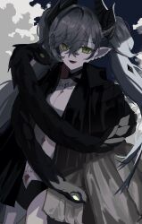 1girl 1smyow absurdres black_cloak black_panties black_thighhighs body_markings breasts choker cloak crossed_bangs demon_girl demon_horns ear_piercing fate/grand_order fate_(series) green_eyes grey_hair hair_between_eyes highres horns lilith_(fate) lilith_(second_ascension)_(fate) long_hair looking_at_viewer medium_breasts open_mouth panties piercing pointy_ears smile snake solo stomach_tattoo tattoo thighhighs thighs twintails underwear very_long_hair