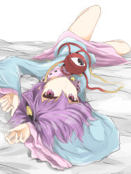 1girl guruten11 hands_up highres knees_up komeiji_satori long_sleeves looking_at_viewer looking_up lying on_back pink_eyes purple_hair solo thighs touhou upside-down