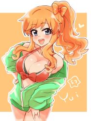 1girl bikini blonde_hair blue_eyes blush bow breasts cleavage collarbone green_jacket hair_bow idolmaster idolmaster_cinderella_girls jacket large_breasts long_hair looking_at_viewer ohtsuki_yui open_mouth orange_bow ponytail red_bikini smile solo swimsuit thighs tong_(freedom2000) track_jacket wavy_hair wavy_sidelocks