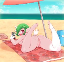 1girl :d anus ass barefoot beach beach_towel blue_sky blush_stickers cellphone completely_nude day fang from_behind gardevoir gen_3_pokemon holding holding_phone horizon humanization kionant looking_at_viewer looking_back lying nintendo nude ocean on_back open_mouth outdoors parasol phone pink_eyes pokemon pokemon_(creature) pokemon_go pussy sky smartphone smile solo towel umbrella uncensored