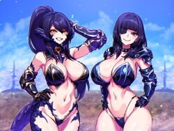 Rule 34 | 2girls, armor, armpits, au ra, bikini armor, black hair, breasts, cleavage, closed mouth, collar, commission, dragon horns, dragon tail, eyebrows hidden by hair, eyepatch, female pubic hair, final fantasy, final fantasy xiv, gauntlets, groin, hair between eyes, hands on own hips, highres, horns, large breasts, lens flare, lips, long hair, looking at viewer, medium hair, multiple girls, navel, open mouth, pauldrons, ponytail, pubic hair, pubic hair peek, purple eyes, samael (5211), sapphira nyx, scales, shoulder armor, skeb commission, smile, spiked collar, spikes, stomach, tail, teeth, warrior of light (ff14)