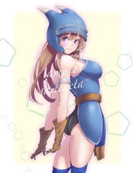 1girl armlet armor ass belt black_panties blue_armor breasts brown_gloves brown_hair closed_mouth daisy_(dq) dragon_quest dragon_quest_yuusha_abel_densetsu fake_horns gloves helmet highres horned_helmet horns jewelry kitalow long_hair looking_at_viewer panties smile solo thighhighs underwear