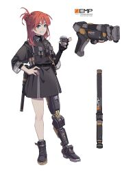 Rule 34 | 1girl, baton (weapon), belt, black belt, black shoes, closed mouth, collared shirt, cup, cyborg, disposable cup, electromagnetic pulse weapon, electromagnetic weapon, fingerless gloves, gloves, green eyes, grey skirt, gun, hand on own hip, highres, holding, holding cup, ichiyon, looking at viewer, magnetic weapon, mechanical legs, medium hair, orange hair, original, pouch, prosthesis, prosthetic leg, shirt, shoes, single fingerless glove, single mechanical leg, skirt, smile, solo, weapon, white background