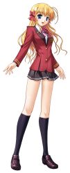 1girl artist_request black_socks blonde_hair blue_eyes blush bow bowtie brown_shoes female_focus fortune_arterial full_body hair_ribbon long_hair long_sleeves open_mouth ribbon school_uniform sendou_erika shoes simple_background skirt smile socks solo