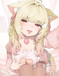 1girl :p ahoge animal_ear_fluff animal_ears bell belt belt_buckle between_breasts blonde_hair blush bow bra breasts buckle cardigan cat_ears cat_girl cat_tail checkered_clothes checkered_skirt choker cleavage cleavage_cutout clothing_cutout collarbone fang frilled_bra frills hair_ornament heart heart_ahoge heart_cutout heart_in_eye heart_o-ring highres indoors jingle_bell kemomimi_refle! large_breasts lingerie long_hair long_sleeves looking_at_viewer miniskirt mole mole_under_eye neck_bell nekoma_karin o-ring o-ring_thigh_strap open_belt open_cardigan open_clothes open_mouth open_shirt outstretched_arm pink_cardigan pink_ribbon pink_shirt reaching reaching_towards_viewer red_eyes ribbon saliva shirt shoulder_belt sitting skirt smile solo sorotu strap_between_breasts symbol_in_eye tail tail_ornament tail_ribbon thigh_strap thighs tongue tongue_out underwear v virtual_youtuber white_belt white_choker wing_hair_ornament