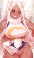 1girl animal_ears bare_shoulders blush boku_no_hero_academia breasts clothing_aside covered_navel crescent_print dark-skinned_female dark_skin fur_collar gloves grin hand_on_own_hip highleg highleg_leotard highres large_breasts leotard leotard_aside leotard_pull long_eyelashes long_hair looking_at_viewer mirko parted_bangs presenting_pussy pulling_own_clothes pussy rabbit_ears rabbit_girl red_eyes shpo sleeveless_turtleneck_leotard smile solo taut_leotard thick_thighs thighs toned toned_female uncensored very_long_hair white_gloves white_hair white_leotard