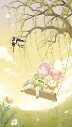 1girl bird brown_eyes brown_footwear cat cloud commentary day dress english_commentary flower grass green_dress hat highres light_smile momo_(nikki) nikki_(nikki) nikki_(series) official_art on_swing outdoors pink_hair shining_nikki signature sunlight swing swinging swinging_on_swing tree white_cat yellow_cloak
