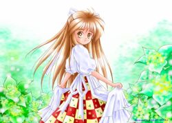 1990s_(style) 1girl artist_name bad_id bow brown_eyes brown_hair checkered_clothes checkered_skirt closed_mouth comiket_52 commentary_request cowboy_shot dated dated_commentary hair_bow half_updo leaf long_hair looking_at_viewer looking_to_the_side original plant puffy_short_sleeves puffy_sleeves red_skirt retro_artstyle shirt short_sleeves skirt smile solo sphere_(lr-project) very_long_hair white_bow white_shirt