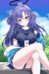 1girl arm_support blue_archive blue_buruma blue_jacket blue_shirt blue_sky blush breasts buruma closed_mouth cloud cloudy_sky collarbone commentary_request crossed_legs crotch_seam dappled_sunlight expressionless feet_out_of_frame hair_between_eyes halo hand_up highres jacket jacket_partially_removed lanyard large_breasts long_bangs long_hair long_sleeves looking_at_viewer mechanical_halo motohara_moka outdoors plant ponytail purple_eyes purple_hair shade shadow shirt short_sleeves sitting sky sleeves_past_wrists solo star_sticker sticker_on_face sunlight t-shirt yuuka_(blue_archive) yuuka_(track)_(blue_archive)