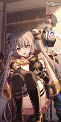 2girls :3 absurdres anger_vein bare_shoulders black_boots black_choker black_gloves black_shirt black_thighhighs blue_necktie boots cape choker coin collared_shirt commentary convenient_leg crop_top elbow_gloves english_commentary epic_seven fingerless_gloves gloves gold_trim grey_hair hand_on_own_hip highres holding holding_coin knee_boots long_hair midriff miniskirt money_bag multiple_girls nail_polish necktie official_art open_mouth pink_skirt pleated_skirt rinak_(epic_seven) robin_(epic_seven) round_eyewear shirt skirt sleeveless sleeveless_shirt smile spaghetti_strap squatting strap_gap sunglasses thigh_strap thighhighs twintails very_long_hair yellow_eyes