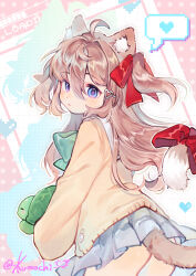 1girl absurdres ahoge animal_ears ass blue_eyes blue_skirt bow bowtie brown_hair cardigan cat_ears cat_tail green_bow green_bowtie grid hair_between_eyes hair_bow hair_ornament hairclip heart heart_hair_ornament highres indie_virtual_youtuber light_blush light_brown_hair loading_screen long_hair looking_at_viewer looking_to_the_side neuro-sama paki2000 pink_background pixel_art pixel_heart pixel_text pleated_skirt red_bow school_uniform serafuku skirt solo star_(symbol) star_symbol_background tail tail_bow tail_ornament turtle twitter_username two_side_up vedal987 virtual_youtuber yellow_cardigan