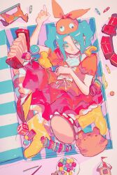 1girl aqua_eyes aqua_hair boots box collared_dress crayon dress hair_ornament highres hikimayu in_container looking_at_viewer medium_hair monogatari_(series) ononoki_yotsugi orange_dress pointy_ears puffy_short_sleeves puffy_sleeves rabbit_hair_ornament rubber_boots rubber_duck short_sleeves solo stuffed_animal stuffed_toy synibread teddy_bear toy toy_block toy_horse toy_train twintails