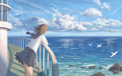 Rule 34 | 1girl, arm rest, bird, brown hair, cloud, cloudy sky, commentary request, day, from behind, hand on railing, highres, horizon, leaning forward, long sleeves, looking afar, miniskirt, ocean, original, outdoors, pleated skirt, railing, rock, scenery, school uniform, seagull, serafuku, shirt, short hair, shurock, skirt, sky, solo, standing, water, white shirt, wind