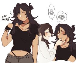 2girls alternate_hair_color black_hair black_nails black_shirt blue_eyes blush bracelet class_of_09 earrings english_text grabbing_another&#039;s_chin hair_bun hand_on_another&#039;s_chin highres jecka_(class_of_09) jewelry juujjuli multiple_girls navel nicole_(class_of_09) ponytail shirt short_sleeves simple_background speech_bubble stud_earrings sweatdrop tan thought_bubble white_background white_shirt yellow_eyes yuri