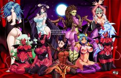 6+girls ahoge albedo_(overlord) animal_print arms_behind_head arms_up artist_logo artist_name ass back barefoot bat_print berserk black_hair black_legwear black_wings blue_hair boots breasts carrera choker cleavage colored_skin covering_breasts covering_privates crossover darkstalkers demon_girl demon_horns demon_tail demon_wings detached_sleeves deviantart_username elbow_gloves facebook_username female_focus fishnet_armwear full_moon gloves green_hair harem head_wings horns imp_mercy jadenkaiba kneeling kneesocks_(psg) large_breasts logo long_hair looking_at_viewer mercy_(overwatch) midriff monster_girl moon morrigan_aensland multiple_girls myserra navel night night_sky overlord_(maruyama) overwatch overwatch_1 panty_&amp;_stocking_with_garterbelt pantyhose pixiv_username purple_hair purple_legwear red_skin sarah_kerrigan scanty_(psg) short_hair single_horn sitting sky slan_(berserk) standing star_(sky) starcraft starry_sky tail the_succubus_sub thigh_boots thighhighs topless_female trait_connection viper_(series) watermark web_address wings