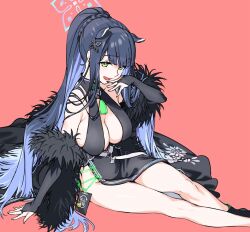 1girl animal_ears black_bridal_gauntlets blue_archive blue_hair blue_halo breasts bridal_gauntlets bullpup character_name china_dress chinese_clothes cleavage diamond_cutout dress english_text floral_print full_body fur_trim green_eyes gun haimura_kiyotaka hair_ornament halo highres large_breasts long_hair lying multicolored_hair pelvic_curtain shun_(blue_archive) side_slit solo striped_clothes striped_dress tiger_ears tiger_girl two-tone_hair vertical-striped_clothes vertical-striped_dress weapon