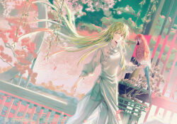 1other androgynous animal_on_arm bird bird_on_arm blue_sky cangchen changpao cherry_blossoms chinese_clothes chinese_commentary collared_shirt commentary_request dutch_angle enkidu_(fate) fate/grand_order fate_(series) feet_out_of_frame fence floating_hair flower gradient_background green_eyes green_hair hair_between_eyes high_collar light_particles long_hair long_sleeves loose_hair_strand macaw mandarin_collar midriff_peek other_focus pants parrot petals pink_flower pink_sky plant potted_plant puffy_long_sleeves puffy_sleeves scarlet_macaw shirt sidelocks sky solo standing tree very_long_hair watermark white_pants white_shirt