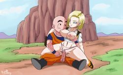1boy 1girl android_18 bald bald_male black_eyes blonde_hair blue_eyes breast_sucking breasts cloud cloudy_sky couple dragon_ball groping_breast happy husband_and_wife kuririn muscular muscular_male nipples penis pussy sex sitting sitting_on_person sky smile thick_thighs thighs uncensored vaginal