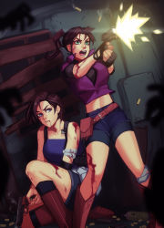 Rule 34 | 2girls, alternate universe, belt, bike shorts, blue eyes, breasts, brown hair, claire redfield, cleavage, commission, denim, fingerless gloves, gloves, gun, handgun, highres, holding, jacket, jill valentine, long hair, looking at viewer, multiple girls, ponytail, qtori, resident evil, resident evil 2, resident evil 3: nemesis, short hair, simple background, skirt, weapon