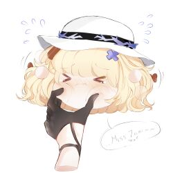 &gt;_&lt; 2girls absurdres black_gloves blonde_hair character_name cheek_pinching commentary disembodied_hand english_commentary flying_sweatdrops gloves hair_ornament hat head_only highres long_hair mikori multiple_girls phoebe_(wuthering_waves) pinching simple_background solo_focus white_background white_hat wuthering_waves x_hair_ornament zani_(wuthering_waves)