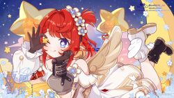 1girl :q ameoto_00 angel_wings artist_name asymmetrical_footwear asymmetrical_sleeves balloon black_boots black_hairband blonde_hair blue_eyes blush boots braid brown_gloves chinese_commentary closed_mouth commentary_request cross-shaped_pupils detached_sleeves dress elbow_rest envelope eyelashes feet_up flower flower_hairband frilled_sleeves frills gloves grey_sleeves hair_flower hair_intakes hair_ornament hairband hands_up head_rest highres honkai:_star_rail honkai_(series) looking_at_viewer lying medium_hair mismatched_footwear multicolored_hair night night_sky on_stomach one_eye_closed one_side_up pointy_ears red_hair single_braid sky sleeveless sleeveless_dress smile solo star_(sky) star_(symbol) star_balloon starry_sky symbol-shaped_pupils tongue tongue_out tribbie_(honkai:_star_rail) twitter_username uneven_sleeves watermark white_boots white_dress white_flower white_sleeves winged_boots wings
