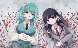 2girls baio_rin black_hair black_necktie blunt_bangs collarbone collared_shirt cowboy_shot cropped_jacket frilled_sleeves frills green_eyes green_hair green_vest grey_jacket grey_skirt hair_between_eyes hair_ribbon hairband hand_on_own_stomach highres jacket kimi_no_koto_ga_dai_dai_dai_dai_daisuki_na_100-nin_no_kanojo kusanochika long_sleeves looking_at_viewer lying medium_hair multiple_girls necktie nemui_nemu ohananomitsu_middle_school_uniform on_back open_mouth own_hands_together partially_submerged plaid_clothes plaid_skirt red_eyes red_necktie red_petals ribbon school_uniform sharp_teeth shirt skirt teeth vest wavy_hair white_hairband white_ribbon white_shirt