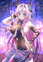 1girl asymmetrical_legwear bare_shoulders black_gloves black_leotard blue_eyes braid breasts citlali_(genshin_impact) closed_mouth commentary cryo_symbol_(genshin_impact) facial_mark fingerless_gloves fingernails floating_headgear forehead_mark genshin_impact gloves hand_on_own_hip hand_up headgear heattech_leotard highres leotard long_hair looking_at_viewer medium_breasts nail_polish nakura_haru pink_hair pink_pupils purple_nails sideboob smile solo triangle triangle_facial_mark turtleneck twin_braids uneven_legwear very_long_hair vision_(genshin_impact)