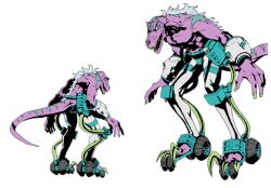 1boy armor reference_sheet claws colored_skin dinosaur full_body guero_london male_focus pink_skin tail tailenders tyrannosaurus_rex wheels white_hair