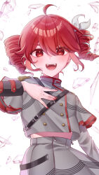 1girl absurdres ahoge belt black_belt black_sleeve_cuffs blush bow broken_glass buttons chinese_commentary commentary_request double-breasted drill_hair fingernails floating_hair glass grey_jacket grey_skirt hair_between_eyes hair_bow hand_up highres jacket kasane_teto kasane_teto_(sv) layered_sleeves long_sleeves making-of_available midriff_peek musical_staff musical_staff_print nanamiya_sakura open_mouth red_hair red_nails red_trim shoulder_belt shoulder_boards skirt skirt_set solo striped_clothes striped_jacket striped_skirt synthesizer_v teeth tongue twin_drills utau white_bow