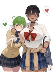 2girls @_@ bag black_choker black_eyes black_hair black_nails black_skirt blue_hair blue_skirt bon_(vtuber) bow bowtie bra bra_peek brown_sweater buttons cardigan choker closed_mouth collarbone collared_shirt dark-skinned_female dark_skin fang fish_skeleton_earrings green_hair gurenola hand_on_own_hip highres indie_virtual_youtuber motion_lines multicolored_hair multiple_girls open_mouth pink_hair plaid_clothes plaid_skirt red_bow red_bowtie school_bag school_uniform scrunchie shirt short_hair skirt smile streaked_hair sweater tied_sweater underwear viri_morelia virtual_youtuber white_shirt wrist_scrunchie yellow_cardigan yellow_eyes