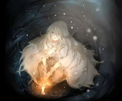 1girl bad_id bad_pixiv_id bandage_over_one_eye bandages bloodborne candle cloak dress female_focus fire from_above full_body gloves highres hnncho hood hooded_cloak long_hair looking_up own_hands_together parted_lips sitting snowing solo v_arms vicar_amelia white_gloves white_hair