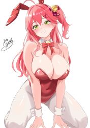 1girl ahoge animal_ear_hairband animal_ears bare_shoulders bell bow bowtie breasts cleavage commentary_request covered_navel detached_collar double-parted_bangs fake_animal_ears fake_tail full_body gluteal_fold green_eyes grin hair_bell hair_between_eyes hair_ornament hairband hairclip highleg highleg_leotard highres hololive jingle_bell kneeling leotard long_hair looking_at_viewer one_side_up pantyhose pink_bow pink_bowtie pink_hair pink_leotard playboy_bunny rabbit_ear_hairband rabbit_ears rabbit_tail rijeka1918 sakura_miko sidelocks signature simple_background smile solo strapless strapless_leotard tail virtual_youtuber white_background white_pantyhose wrist_cuffs x_hair_ornament