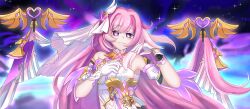 Rule 34 | 1girl, absurdres, bare shoulders, bell, breasts, commentary, corset, diamond-shaped pupils, diamond (shape), elysia (herrscher of human: ego) (honkai impact), elysia (honkai impact), gloves, highres, honkai (series), honkai impact 3rd, long hair, looking at viewer, meapchan, pink hair, purple eyes, sky, smile, solo, star (sky), starry sky, symbol-shaped pupils, triquetra, upper body, veil, very long hair, white corset, white gloves, white veil
