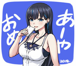 1girl 2018 alternate_breast_size armpit_crease black_camisole black_hair blue_eyes blue_hair breasts camisole cellphone cleavage collarbone commentary_request hair_behind_ear halterneck holding holding_phone kakuchou_shoujo-kei_trinary kunimasa_ayami large_breasts long_hair multicolored_hair phone smartphone solo streaked_hair tanaka_gorbachev two-tone_hair