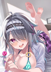 1girl absurdres antenna_hair aqua_bikini barefoot belt bikini bite_mark bite_mark_on_breast black_belt black_hairband breasts candy collarbone collared_shirt food frilled_hairband frills grey_hair hair_over_one_eye hairband highres holding holding_candy holding_food holding_lollipop indie_virtual_youtuber large_breasts lollipop lying menace_mamaki mole mole_on_breast on_bed on_stomach plaid_clothes plaid_skirt purple_eyes purple_nails purple_skirt shirt skirt smile soles solo swimsuit tongue urakawa_^p^ virtual_youtuber white_shirt