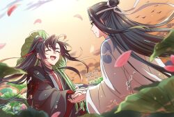2boys ^_^ ahoge black_hair black_hanfu chinese_clothes closed_eyes closed_mouth cloud dated falling_petals flower hair_bun hair_ribbon hanfu headband highres holding_hands kimako_(kimako_8) lan_wangji leaf long_hair long_sleeves looking_at_another lotus lotus_leaf male_focus modao_zushi multiple_boys open_mouth orange_sky outdoors partially_submerged petals pink_flower pink_petals ponytail red_ribbon ribbon robe sidelocks single_hair_bun sky sleeves_past_wrists smile topknot twitter_username upper_body wading water water_drop watermark wei_wuxian white_hanfu white_headband wide_sleeves xiao_guan_(headdress) yaoi yellow_eyes