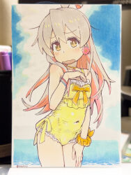 Rule 34 | 1girl, ahoge, bare arms, bare shoulders, blue sky, breasts, brown eyes, cloud, commentary request, covered navel, cowboy shot, day, earrings, flower earrings, frilled one-piece swimsuit, frills, grey hair, hair between eyes, hand on own chest, hand on own thigh, highres, jewelry, light blush, long hair, matado (almukha), multicolored hair, one-piece swimsuit, onii-chan wa oshimai!, open mouth, outdoors, oyama mahiro, photo (medium), pink hair, scrunchie, sky, small breasts, solo, swimsuit, traditional media, two-tone hair, wading, water, wavy mouth, wrist scrunchie, yellow one-piece swimsuit, yellow scrunchie