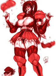 00s 1boy 1girl 2008 areola_slip armor bad_id bad_pixiv_id bahn belt blush boots breastplate breasts bursting_breasts cleavage cleavage_cutout clothing_cutout cross-laced_footwear dairoku_tenma dated elbow_gloves embarrassed fighting_vipers gloves greaves groin hair_ornament hairband hat hat_over_eyes highleg highleg_panties highres honey_(fighting_vipers) huge_breasts lace lace-trimmed_skirt lace_trim lips long_hair looking_down midriff miniskirt monochrome motion_blur mouth_hold muscular muscular_female pacifier panties pantyshot partially_visible_vulva pauldrons peaked_cap pleated_skirt red_theme see-through_clothes short_hair shoulder_armor shoulder_pads signature sketch skirt spiked_hair standing strap surprised sweatdrop thick_thighs thigh_boots thighhighs thighs thong turtleneck twintails underwear upskirt vambraces very_long_hair wardrobe_malfunction wedgie white_background