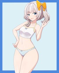 1girl belly blue_eyes blush bow breasts commission eyebrows eyelashes hair_bow hair_ribbon hand_on_own_hip highres knee_up knees_up looking_at_viewer marimari_(vtuber) navel nose open_mouth panties phase_connect polka_dot polka_dot_panties ribbon short_hair simple_background small_breasts solo standing teeth thighs tongue underwear underwear_only virtual_youtuber