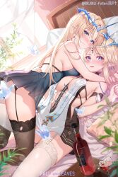 2girls absurdres alcohol artist_name backless_dress backless_outfit bare_shoulders bed bed_sheet between_breasts bilibili_username black_dress black_panties black_thighhighs blonde_hair blue_butterfly blue_eyes blush bottle breasts bug butterfly cartethyia_(wuthering_waves) chinese_commentary cleavage closed_mouth commentary_request crown_of_thorns cup curtains dress drinking_glass dual_persona earrings facial_mark fallen-leaves fleurdelys_(wuthering_waves) forehead_mark garter_straps glowing_butterfly gold_trim hair_between_eyes hand_on_another&#039;s_back highres horns indoors insect jewelry large_breasts light_particles long_hair long_horns looking_at_viewer lying multiple_girls on_back on_bed open_mouth panties pillow plant pointy_ears red_wine single_horn smile tabard table tacet_mark_(wuthering_waves) thighhighs thighs turning_head underwear very_long_hair watermark white_tabard white_thighhighs window wine wine_bottle wine_glass wuthering_waves