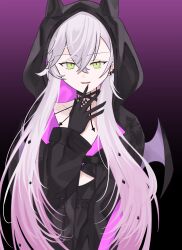 1girl black_hands black_jacket body_markings breasts choker colored_extremities crossed_bangs demon_girl demon_horns demon_wings ear_piercing fate/grand_order fate_(series) green_eyes grey_hair hair_between_eyes highres hood horns jacket large_breasts lilith_(fate) long_hair long_sleeves looking_at_viewer open_mouth piercing sidelocks smile solo wings yuto_sd_99