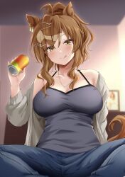 Rule 34 | 1girl, absurdres, alternate costume, animal ears, blue pants, blush, breasts, brown hair, cardigan, drink, green cardigan, green eyes, grey tank top, hair between eyes, highres, holding, holding drink, horse ears, horse girl, jewelry, jungle pocket (umamusume), large breasts, licking lips, long hair, looking at viewer, necklace, paid reward available, pants, ponytail, ryochapu, solo, tank top, teeth, tongue, tongue out, umamusume