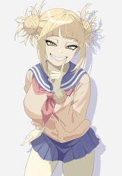 Rule 34 | 1girl, absurdres, bare legs, blonde hair, blue sailor collar, blunt bangs, boku no hero academia, breasts, cardigan, double bun, fangs, finger to mouth, hair bun, highres, long sleeves, looking at viewer, messy hair, neckerchief, open mouth, red neckerchief, sailor collar, school uniform, serafuku, sharp teeth, short hair, sidelocks, skirt, smile, solo, taiaia, teeth, toga himiko, u.a. school uniform, white background, yellow cardigan, yellow eyes