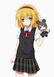 1girl absurdres alice_margatroid alternate_costume black_skirt black_vest blue_eyes blush bow bowtie bright_pupils character_doll closed_mouth collared_shirt commentary_request doll fumo_(doll) hairband highres holding holding_doll looking_at_viewer nazrin plaid_clothes plaid_skirt pleated_skirt red_bow red_bowtie red_hairband school_uniform shirt skirt smile solo split_mouth touhou tsuukinkaisoku_oomiya vest white_pupils white_shirt