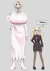2girls black_shirt blonde_hair blue_eyes blush breasts curvy elbow_gloves fangs formal_clothes gigantic_breasts gloves grey_background haibara_tatsumi haiena_chan_ni_nerawarete height_difference highres large_breasts long_hair long_sleeves mature_female multiple_girls necktie pantyhose pencil_skirt pink_eyes purple_necktie shirt short_hair simple_background skirt skirt_suit sleeveless sleeveless_sweater slit_pupils smile suit sweater tall_female twintails very_long_hair white_gloves